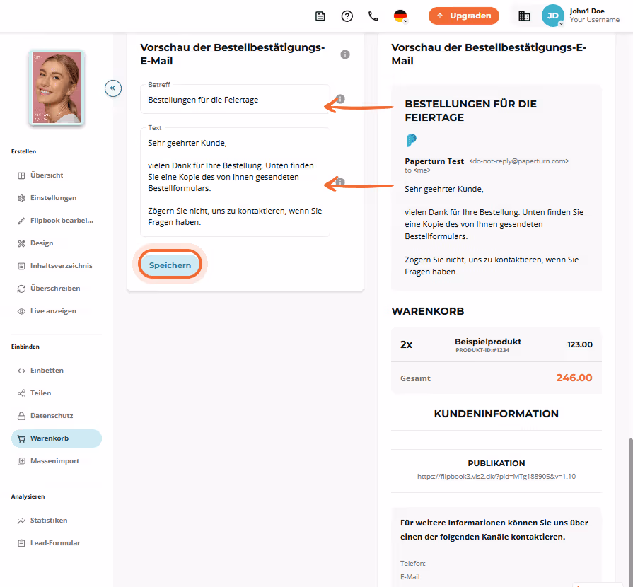 Editor für Bestätigungs-E-Mail mit Betreff- und Textfeldern sowie Vorschau rechts. Editor für Bestätigungs-E-Mail mit Betreff- und Textfeldern sowie Vorschau rechts.