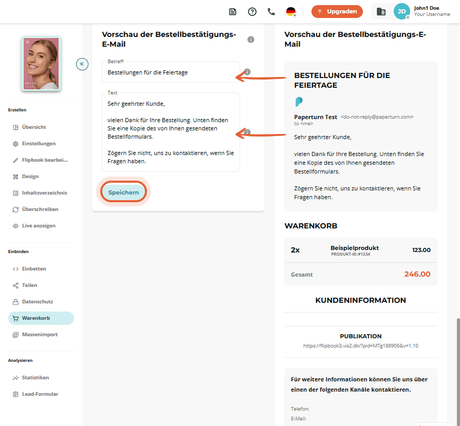 Editor für Bestätigungs-E-Mail mit Betreff- und Textfeldern sowie Vorschau rechts.