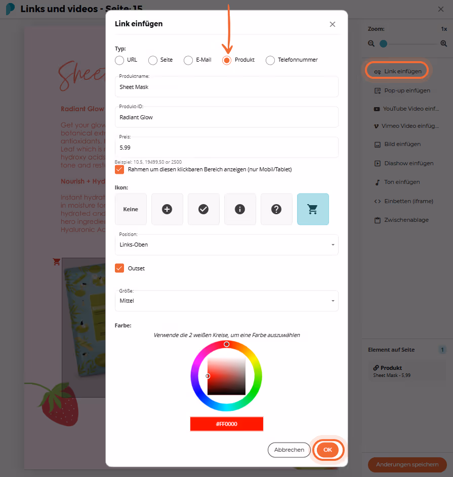 Pop-up zum Einfügen eines Produktlinks mit Feldern für Name, ID und Symbolauswahl. Pop-up zum Einfügen eines Produktlinks mit Feldern für Name, ID und Symbolauswahl.
