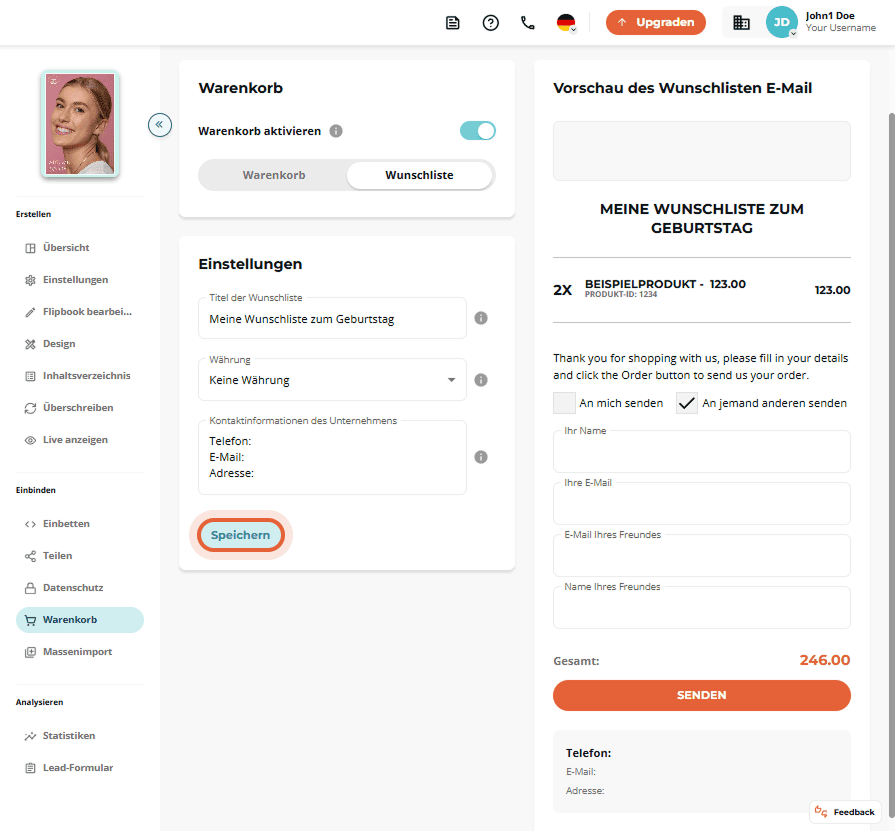 Wunschlistenseite mit Titelfeld, Währung und Kontaktinformationen des Unternehmens.