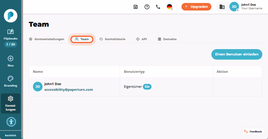 Die Seite mit den Kontoeinstellungen zeigt den Tab „Team“ mit einer Liste von Benutzern und ihren Ro Die Seite mit den Kontoeinstellungen zeigt den Tab „Team“ mit einer Liste von Benutzern und ihren Ro