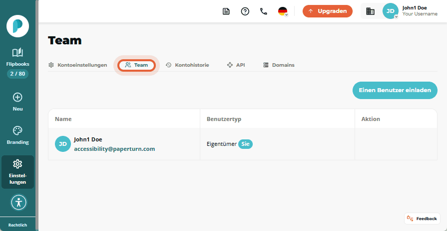 Die Seite mit den Kontoeinstellungen zeigt den Tab „Team“ mit einer Liste von Benutzern und ihren Ro
