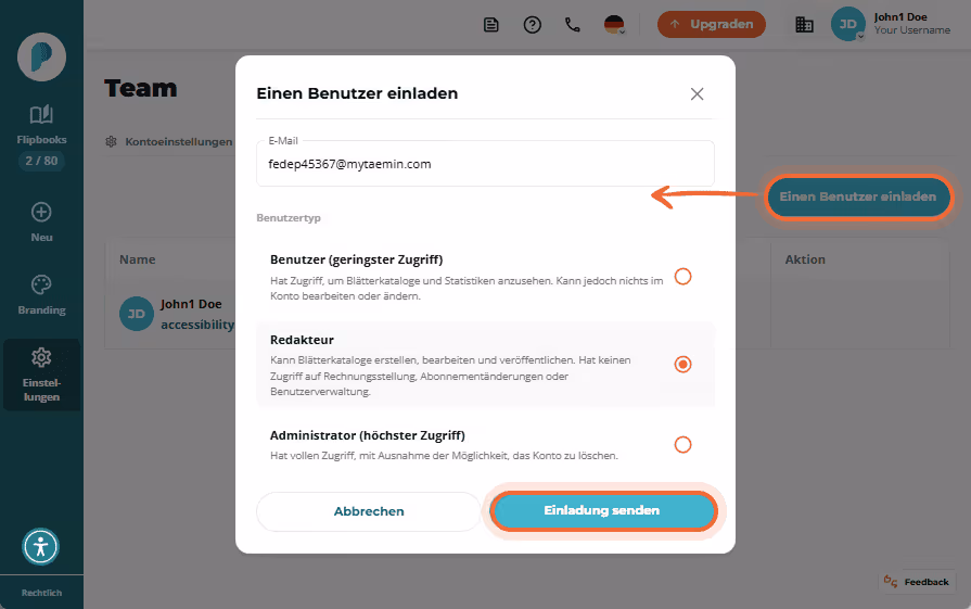 Benutzer einladen-Fenster mit E-Mail-Feld, Rollenauswahl (Editor ausgewählt) und Einladung senden-Sc Benutzer einladen-Fenster mit E-Mail-Feld, Rollenauswahl (Editor ausgewählt) und Einladung senden-Sc