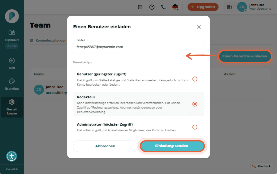 Benutzer einladen-Fenster mit E-Mail-Feld, Rollenauswahl (Editor ausgewählt) und Einladung senden-Sc