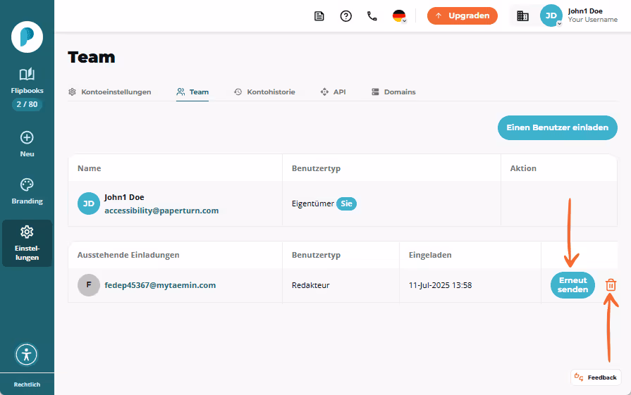 Ausstehende Einladung an ein neues Teammitglied mit Optionen zum erneuten Senden oder Löschen. Ausstehende Einladung an ein neues Teammitglied mit Optionen zum erneuten Senden oder Löschen.