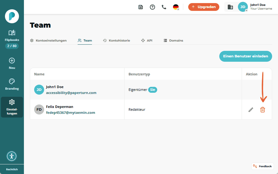 Teamliste zeigt, dass der eingeladene Benutzer nun als Editor akzeptiert wurde, mit Optionen zum Bea