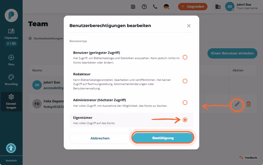 Modales Fenster zum Bearbeiten von Benutzerrechten mit ausgewähltem „Eigentümer“ und Bestätigungssch Modales Fenster zum Bearbeiten von Benutzerrechten mit ausgewähltem „Eigentümer“ und Bestätigungssch