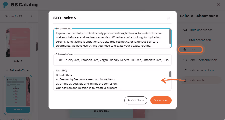 SEO-Bereich mit Feldern für Beschreibung, Schlüsselwörter und SEO-Text für Seite 5 eines BB-Katalogs