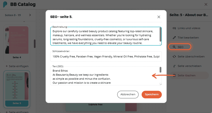 SEO-Bereich mit Feldern für Beschreibung, Schlüsselwörter und SEO-Text für Seite 5 eines BB-Katalogs