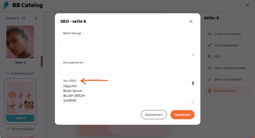 SEO-Eingabefelder mit Schlüsselwörtern und SEO-Text für Seite 7 des BB-Katalogs