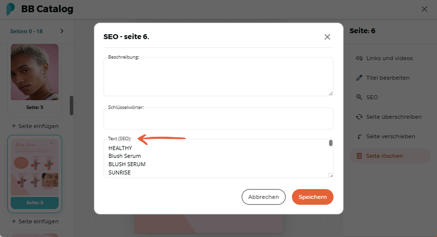 SEO-Eingabefelder mit Schlüsselwörtern und SEO-Text für Seite 7 des BB-Katalogs