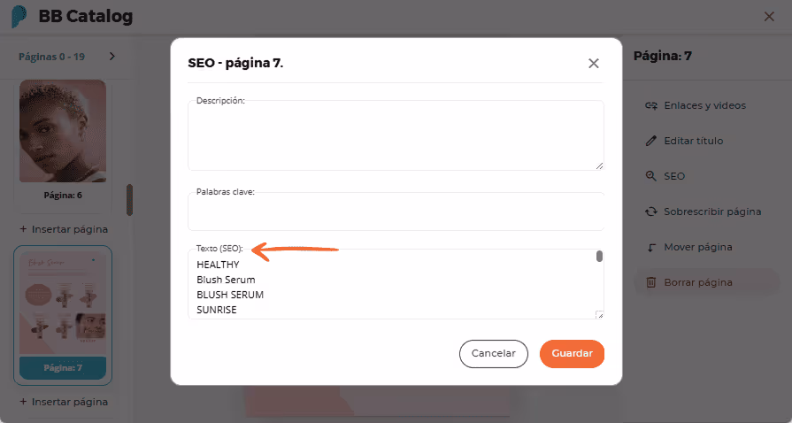 Campos de entrada SEO con palabras clave y texto SEO para la página 7 del catálogo BB Campos de entrada SEO con palabras clave y texto SEO para la página 7 del catálogo BB