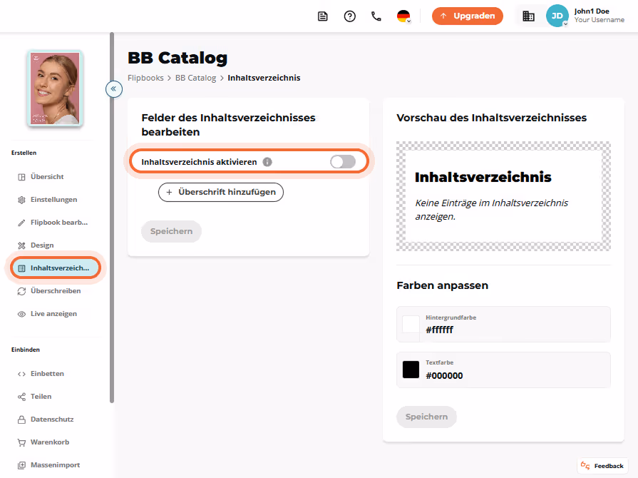 Flipbook-Oberfläche mit manuell hinzugefügten Seitentiteln und Überschriften im Inhaltsverzeichnis.