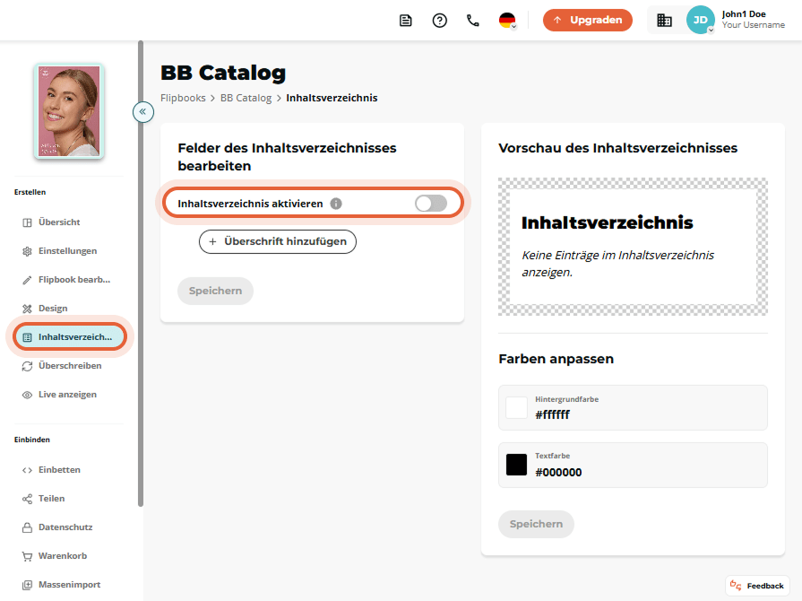 Flipbook-Oberfläche mit manuell hinzugefügten Seitentiteln und Überschriften im Inhaltsverzeichnis.
