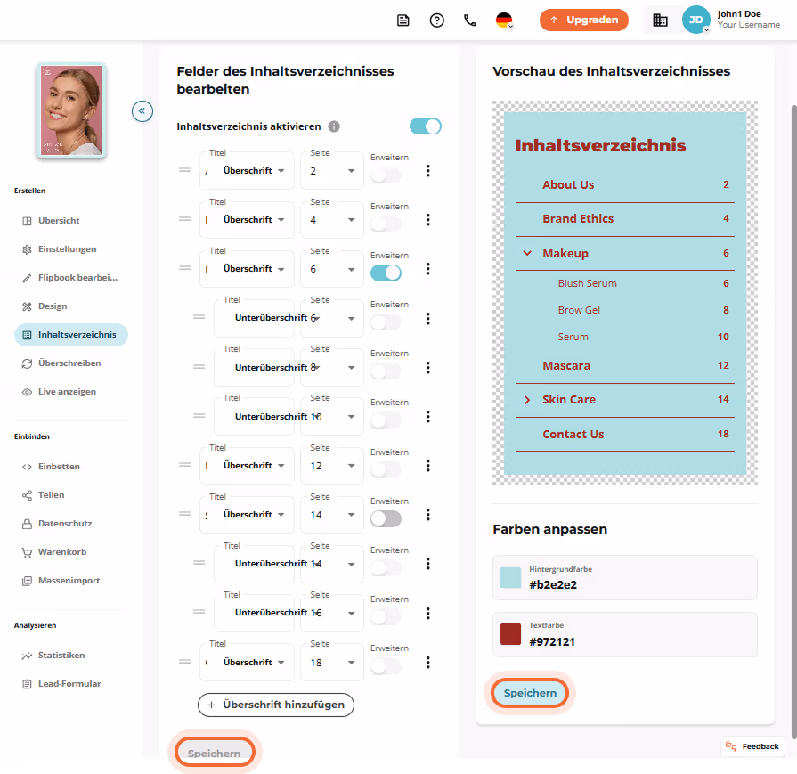 Vorschau des aktiven Inhaltsverzeichnisses mit gestalteten Titeln, Farben und Einrückung.