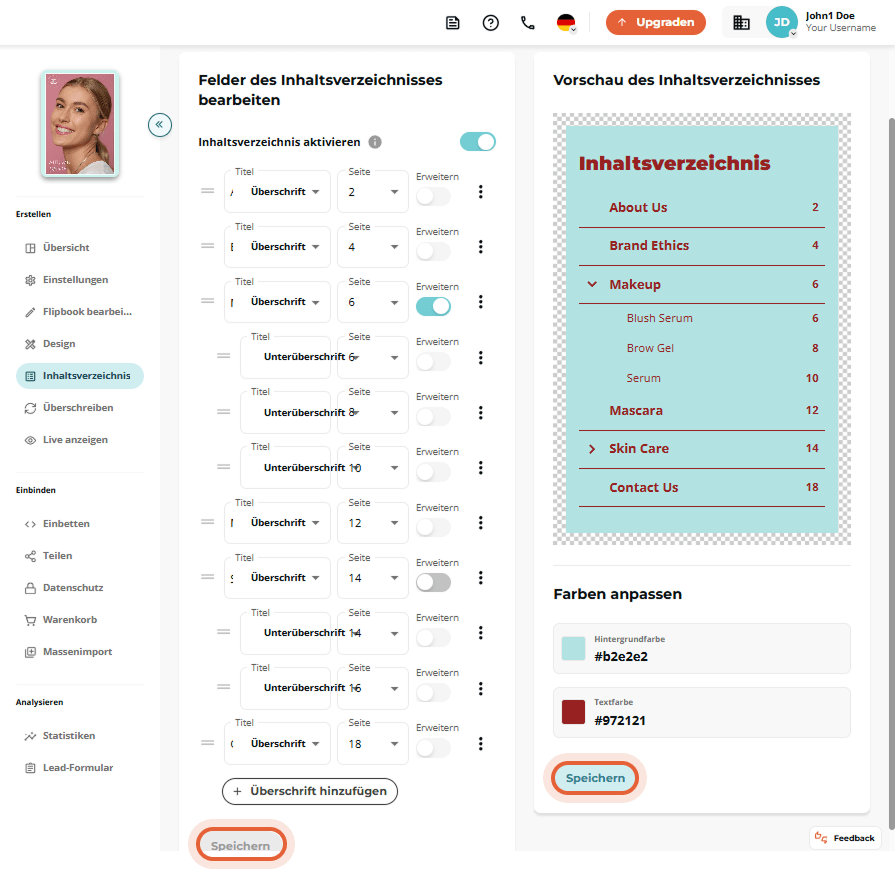 Vorschau des aktiven Inhaltsverzeichnisses mit gestalteten Titeln, Farben und Einrückung.