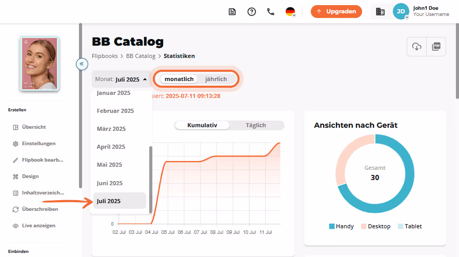 Monatlicher Filter für Flipbook-Statistiken ausgewählt, Dropdown-Menü erweitert.