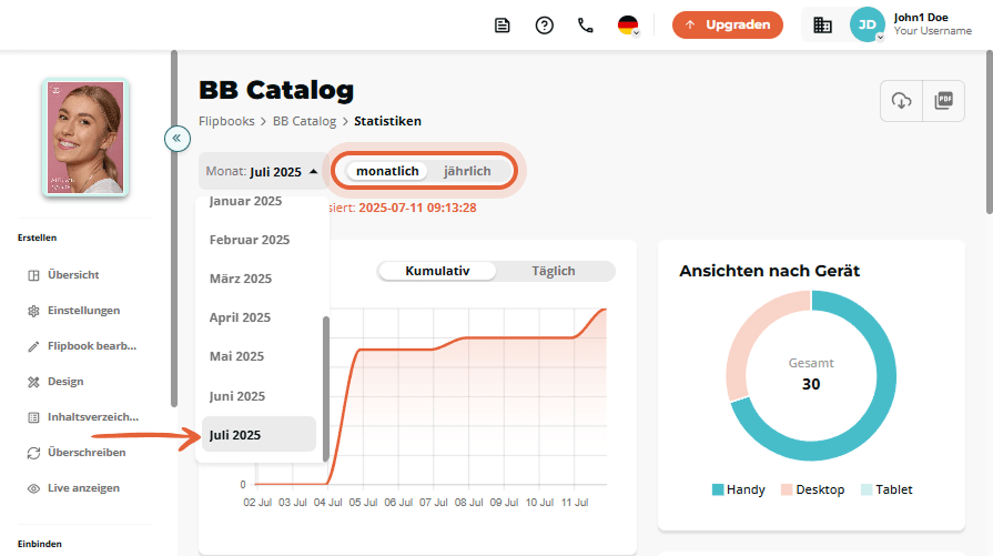 Monatlicher Filter für Flipbook-Statistiken ausgewählt, Dropdown-Menü erweitert.