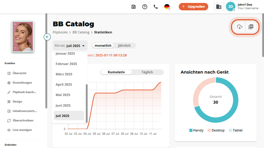 Option zum Herunterladen oder Aktualisieren der Flipbook-Statistiken oben rechts.
