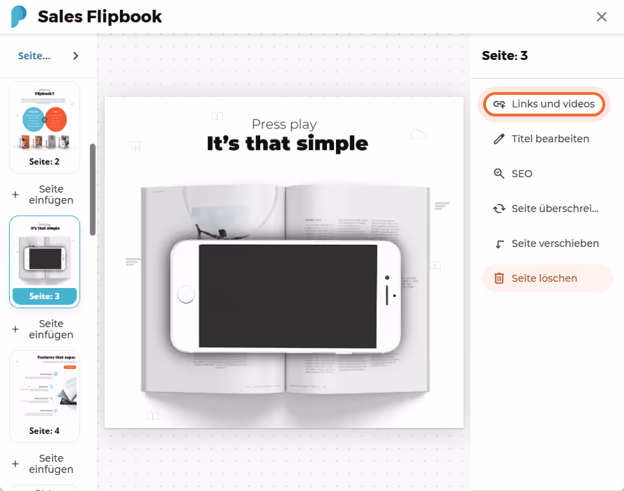 Links- und Video-Menü geöffnet mit Seite 3 eines Flipbooks und einem iPhone über einem aufgeschlagen Links- und Video-Menü geöffnet mit Seite 3 eines Flipbooks und einem iPhone über einem aufgeschlagen