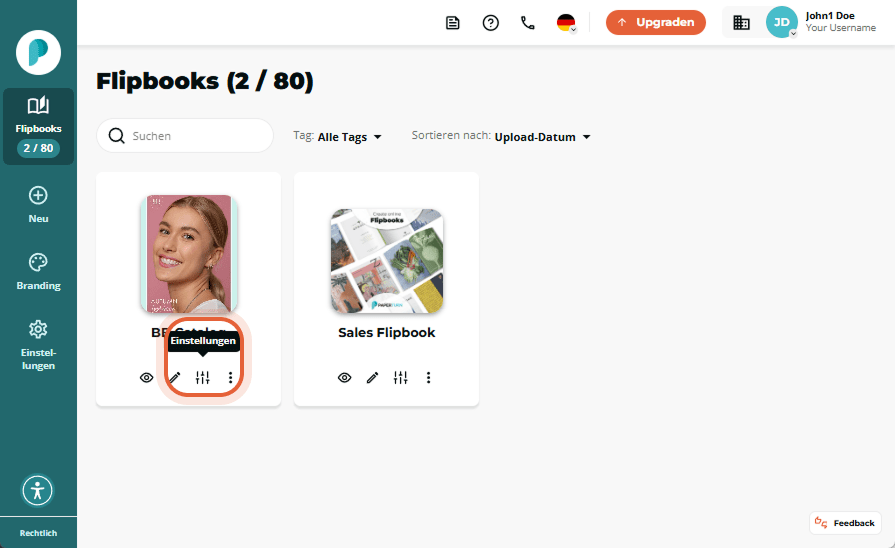 Flipbooks-Dashboard mit Schieberegler-Symbol „Einstellungen“ unter dem Thumbnail „BB Catalog“ hervor
