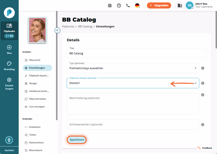 BB Catalog-Einstellungsseite zeigt den Dropdown-Pfeil „Flipbook viewer language“ und die hervorgehob BB Catalog-Einstellungsseite zeigt den Dropdown-Pfeil „Flipbook viewer language“ und die hervorgehob