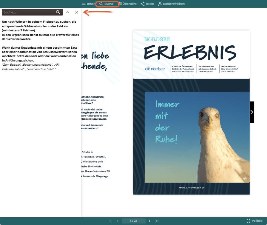 Flipbook Ansicht mit ausgewählter Suche in der oberen Menüleiste und geöffnetem Suchbereich auf der linken Seite. Flipbook Ansicht mit ausgewählter Suche in der oberen Menüleiste und geöffnetem Suchbereich auf der linken Seite.