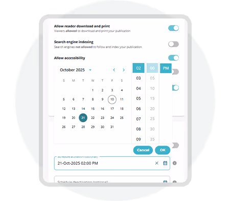 Interface Paperturn montrant la planification des publications numériques, les autorisations de téléchargement et l’accessibilité SEO