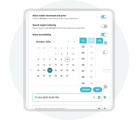 Paperturn interface showing digital publication scheduling, download permissions, and SEO accessibil Paperturn interface showing digital publication scheduling, download permissions, and SEO accessibil
