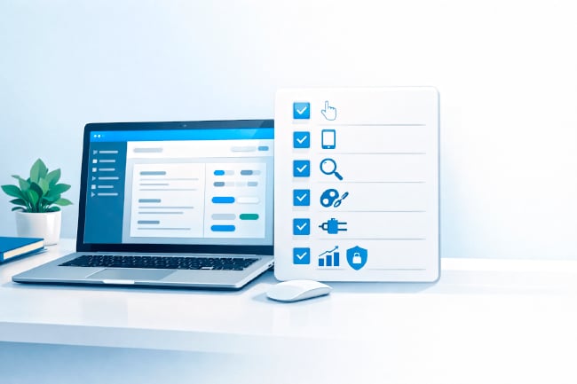 Laptop on a white desk with a dashboard and floating checklist icons for usability, mobile, SEO, branding, integrations, analytics, and security.
