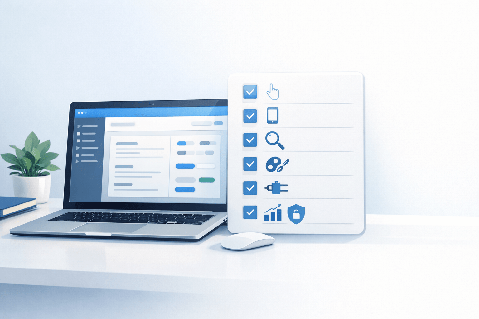 Laptop on a white desk with a dashboard and floating checklist icons for usability, mobile, SEO, branding, integrations, analytics, and security. Laptop on a white desk with a dashboard and floating checklist icons for usability, mobile, SEO, branding, integrations, analytics, and security.