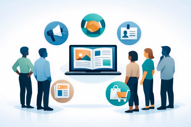 Five diverse business-casual silhouettes stand in an arc around a floating laptop displaying a digital publication, with minimal team icons on a clean white blue-teal background.