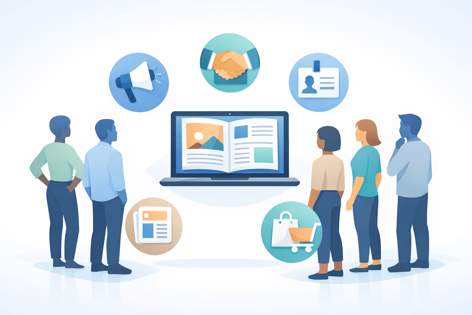 Five diverse business-casual silhouettes stand in an arc around a floating laptop displaying a digital publication, with minimal team icons on a clean white blue-teal background. Five diverse business-casual silhouettes stand in an arc around a floating laptop displaying a digital publication, with minimal team icons on a clean white blue-teal background.