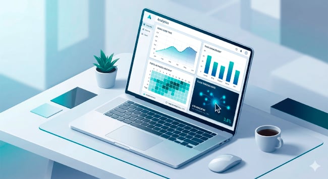 Isometric illustration of a laptop on a desk displaying an analytics dashboard.
