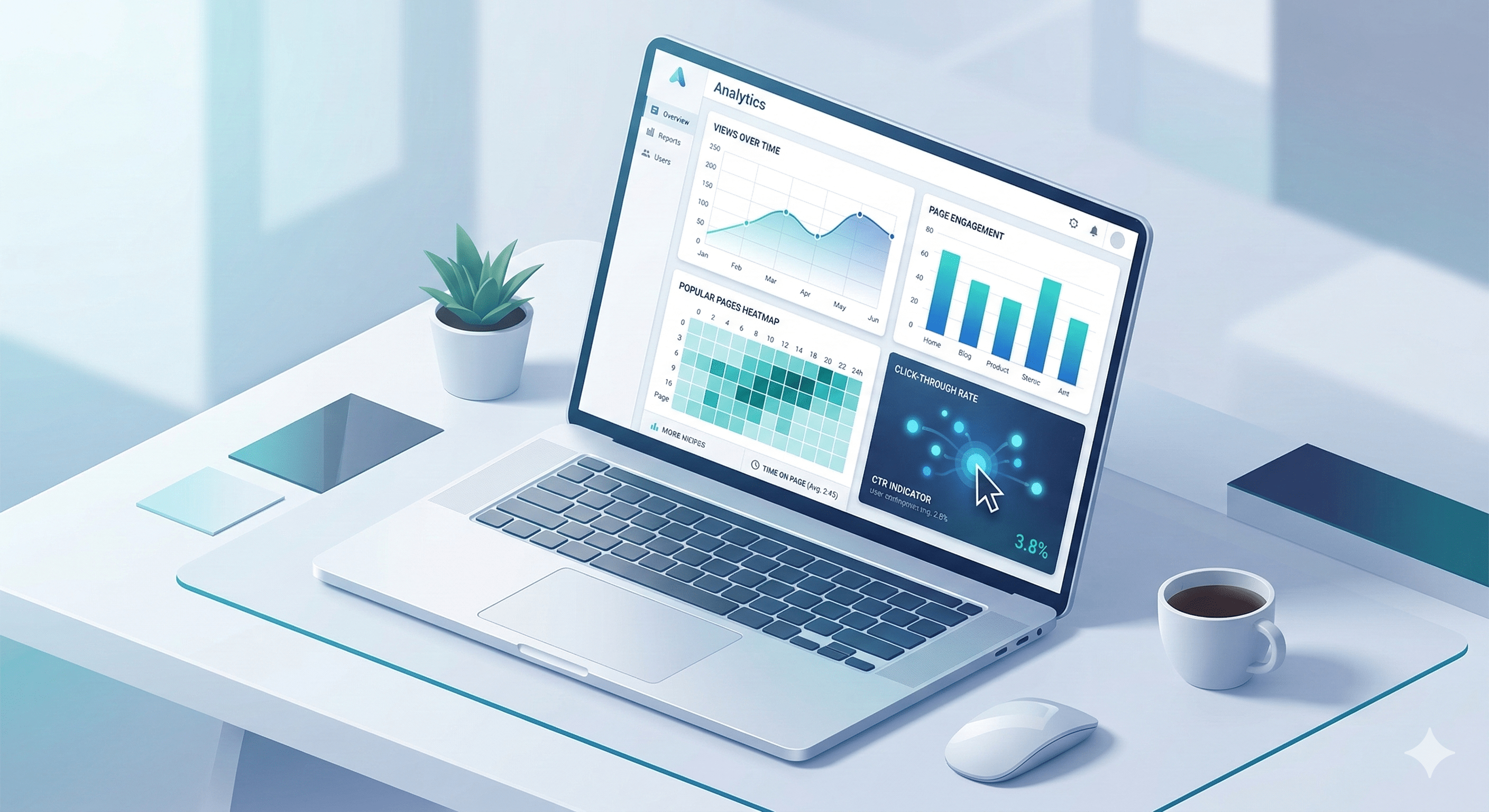 Isometric illustration of a laptop on a desk displaying an analytics dashboard. Isometric illustration of a laptop on a desk displaying an analytics dashboard.