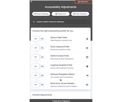 Paperturn's Accessibility Adjustments Interface