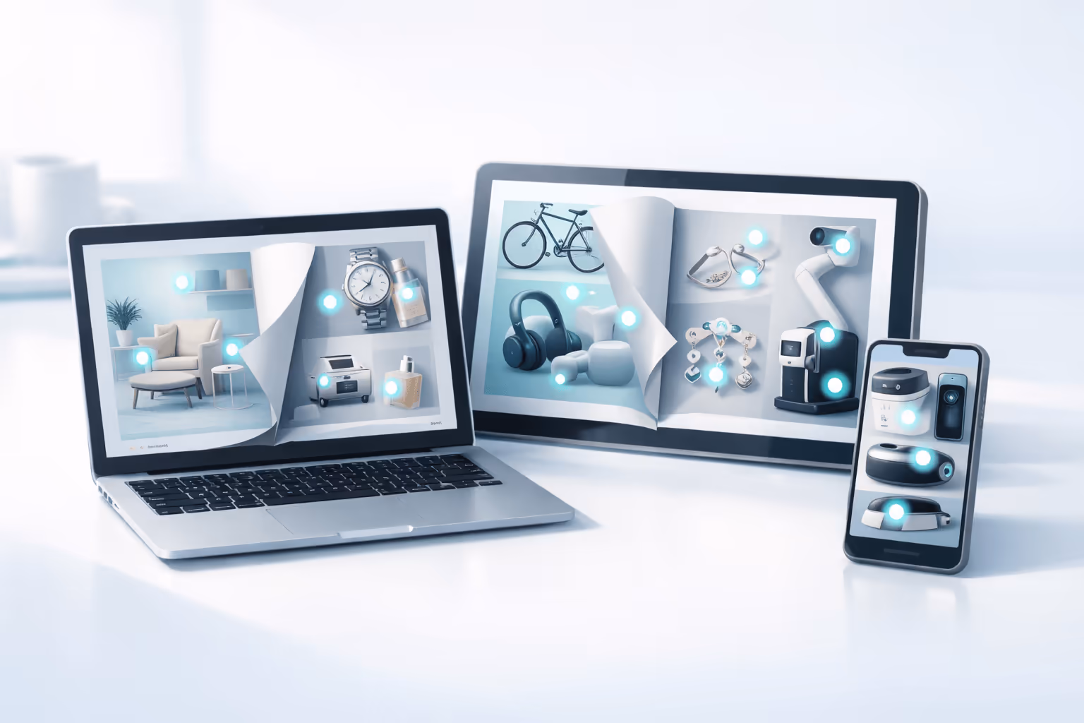Digital illustration of a premium online catalog displayed across a laptop, tablet, and smartphone, featuring furniture, jewelry, sports gear, and home products with glowing interactive hotspots. Digital illustration of a premium online catalog displayed across a laptop, tablet, and smartphone, featuring furniture, jewelry, sports gear, and home products with glowing interactive hotspots.