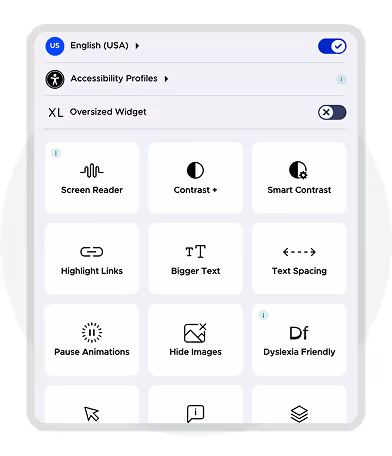 Widget de paramètres d’accessibilité dans Paperturn affichant des outils comme le lecteur d’écran, l’ajustement du contraste, te…