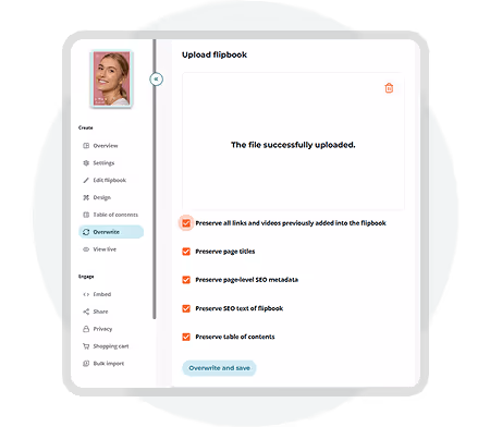 Interface de téléversement Paperturn montrant des options pour remplacer le contenu du flipbook tout en conservant les liens et le référencement (SEO)