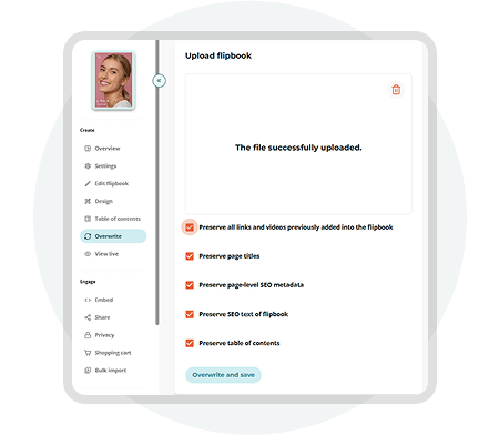 Paperturn upload interface showing options to overwrite flipbook content while preserving links, SEO Paperturn upload interface showing options to overwrite flipbook content while preserving links, SEO