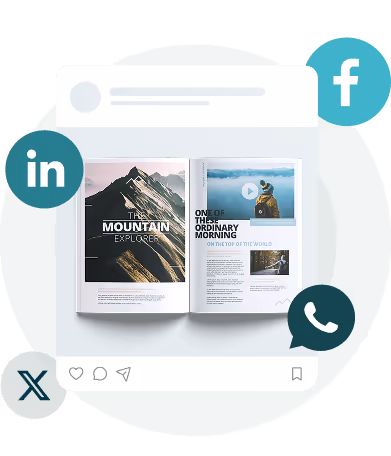 Flipbook numérique affiché dans un cadre de partage sur les réseaux sociaux, illustrant les options de partage sécurisé et à accès contrôlé ainsi que de confidentialité de Paperturn Flipbook numérique affiché dans un cadre de partage sur les réseaux sociaux, illustrant les options de partage sécurisé et à accès contrôlé ainsi que de confidentialité de Paperturn