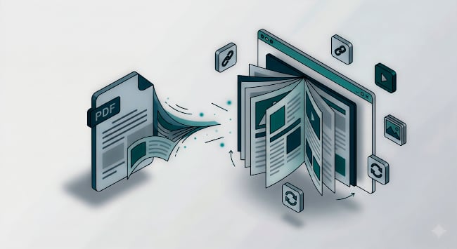 An isometric illustration shows a PDF document morphing into an interactive flipbook within a browser window, with floating media and refresh icons, all in cool blues on a white background.
