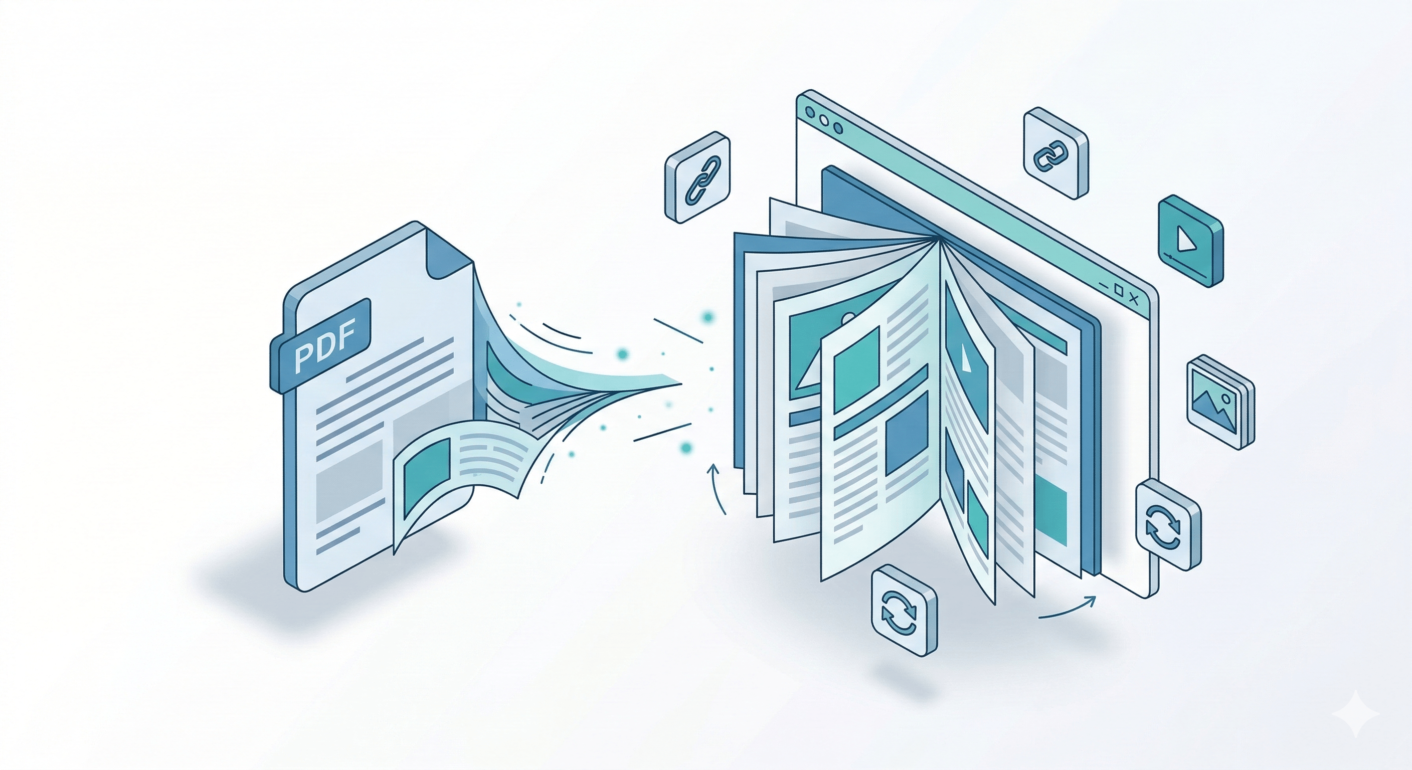 An isometric illustration shows a PDF document morphing into an interactive flipbook within a browser window, with floating media and refresh icons, all in cool blues on a white background. An isometric illustration shows a PDF document morphing into an interactive flipbook within a browser window, with floating media and refresh icons, all in cool blues on a white background.