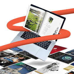 An open flipbook on a laptop surrounded by flipbooks
