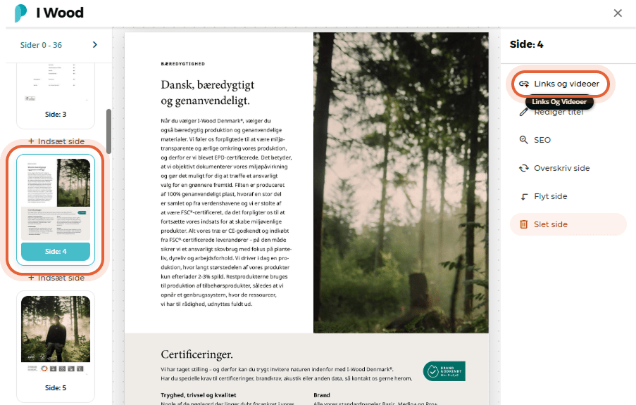 Editor med fremhævet side og knappen Links og videoer Editor med fremhævet side og knappen Links og videoer