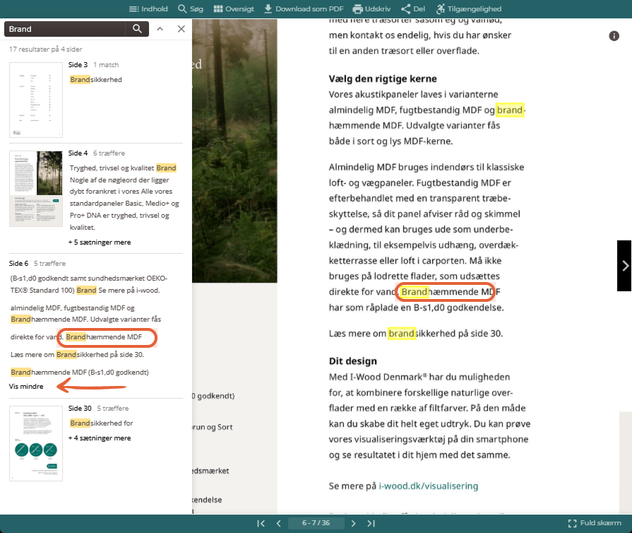 Søgeresultater for Brand med markerede fund både i resultatlisten og direkte på den åbne bladrekatalogside. Søgeresultater for Brand med markerede fund både i resultatlisten og direkte på den åbne bladrekatalogside.