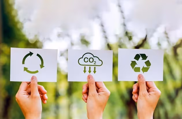 Three hands are depicted, each displaying an icon symbolizing sustainability. Three hands are depicted, each displaying an icon symbolizing sustainability.