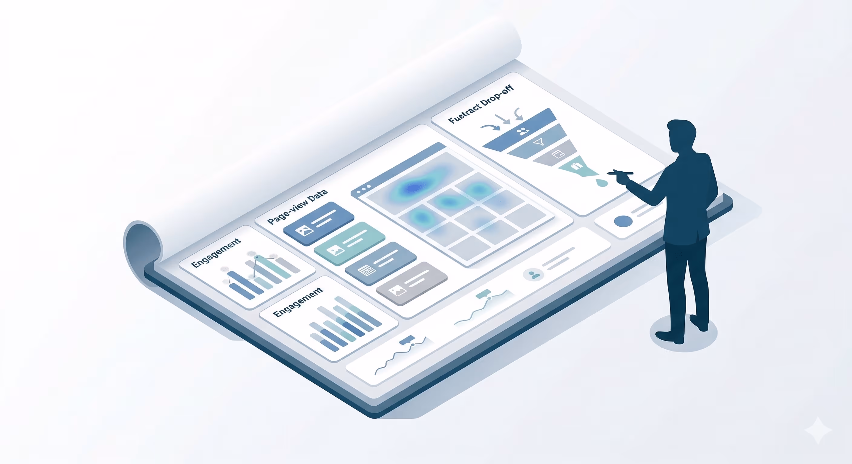 Illustration of a person analyzing a digital analytics dashboard with engagement charts, heatmaps, and a marketing funnel. Illustration of a person analyzing a digital analytics dashboard with engagement charts, heatmaps, and a marketing funnel.