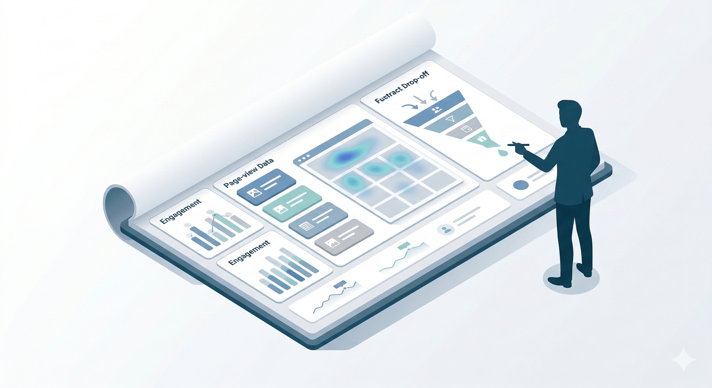 Illustration of a person analyzing a digital analytics dashboard with engagement charts, heatmaps, and a marketing funnel.
