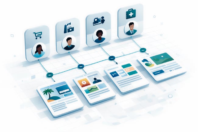Illustration of a customer journey with audience segments connected to personalized content and marketing messages.